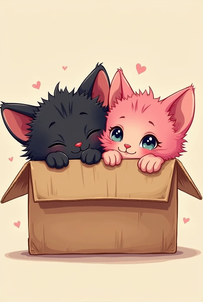 Cute drawing of two kittens,one being black and the other being fuchsia,both lying next to each other,These kittens are inside a box