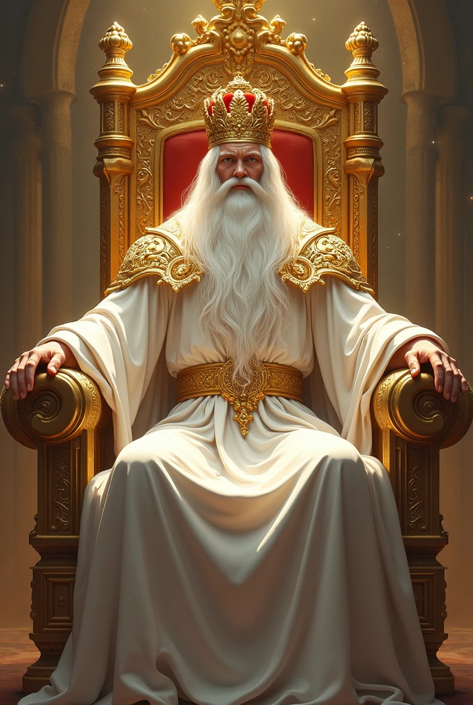 a great king sitting and leaning on a great and exalted throne all of gold. This king has a big white beard, very long white hair, white skin and a golden crown on his head. This being has white clothes, a golden belt and shoulder armor. this king is powerful and majestic.
