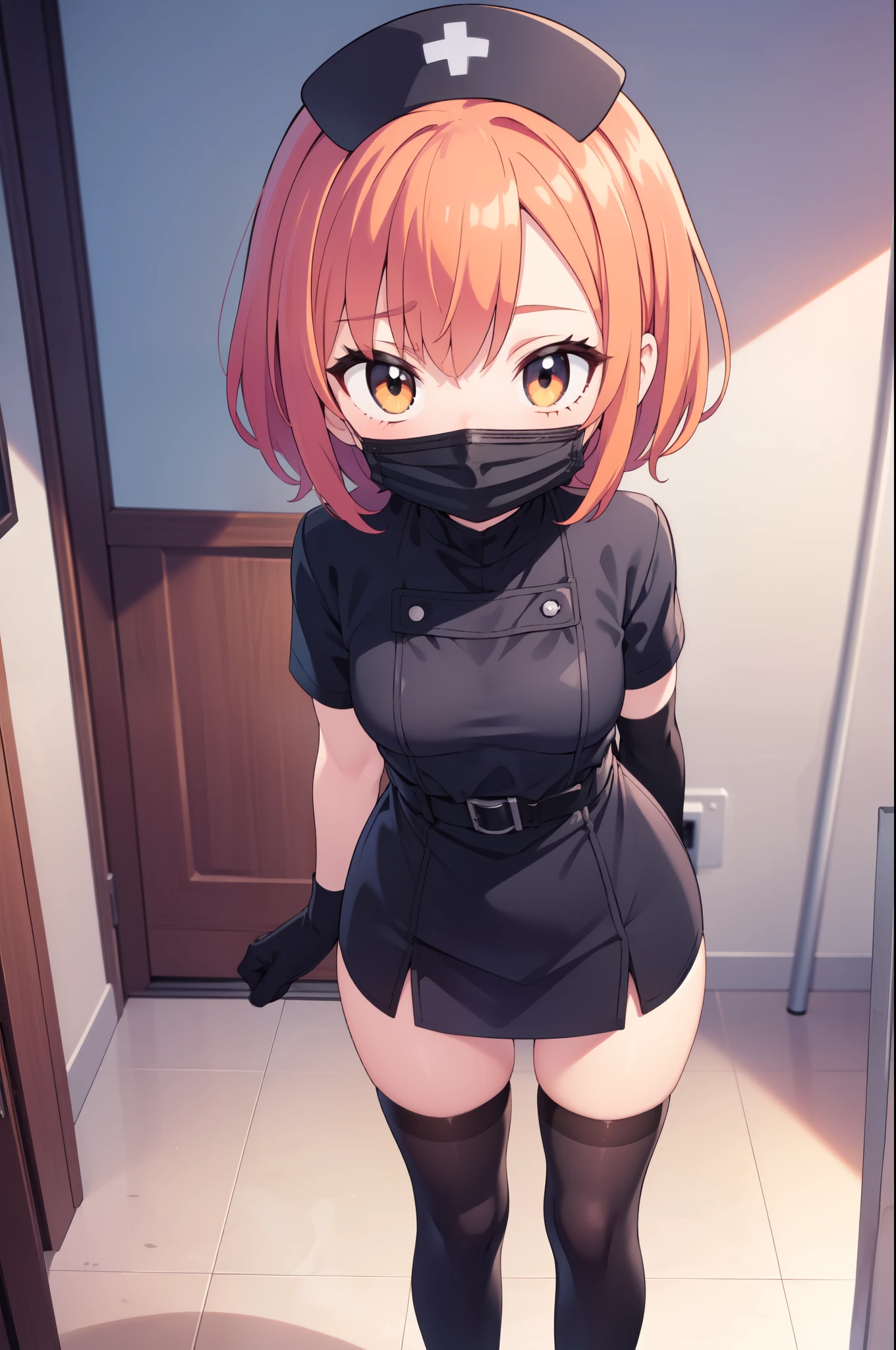black nurse, 1girl, solo, black nurse cap, black nurse uniform, ((black legwear, zettai ryouiki)), black elbow gloves, very short hair, orange hair, ((black surgical mask, covered nose)), standing, ((surgery room)), sharp outline, short sleeves, tomboy, boyish, best quality, masterpiece