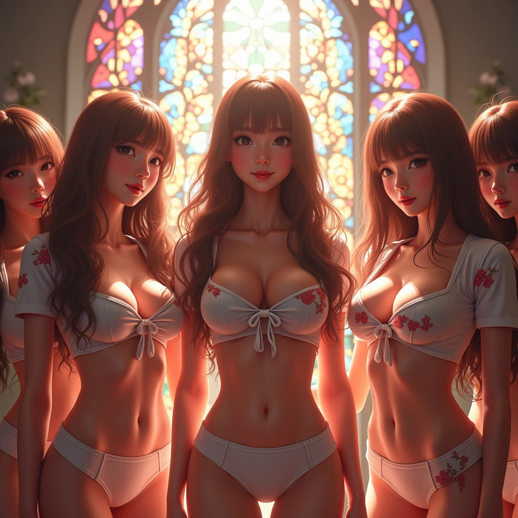 (NSFW:-1) . White and Red, (Dazzling colorful light pours down and reflects:1.2), (Physically-based Rendering with incredible detailed Textures), Award-winning Masterpiece of professional Analogue photograpy, { (((Photorealistic:1.37)))) | (F4.0, Canon) }, ((Acutance:0.85)) . (A group photo of many KAWAII girls in (school uniform)) with opened Overflowing Gigantic Cleavage without bra . (((Extremely detailed KAWAII face variations)) with joyful expressions), { Systemic | Glossy cute Lips Closeup | Navel | (pretty Ass) | (Overflowing underboob) | Oiled ivory skin Details | White panties with (blood seeping only in crotch area) | (full of Flowers covering girl's body) | ((Dazzling colorful stained glass with stunning elaborate details:1.2)) | Mystic sight | A Floating Halo appears | God rays | Haze | Lens flare | Zoom Layer | Kissing face to face } . Ultra-detailed, (Exposed:0.8), (((nipple:-0.9))), (Realistic:1.4)