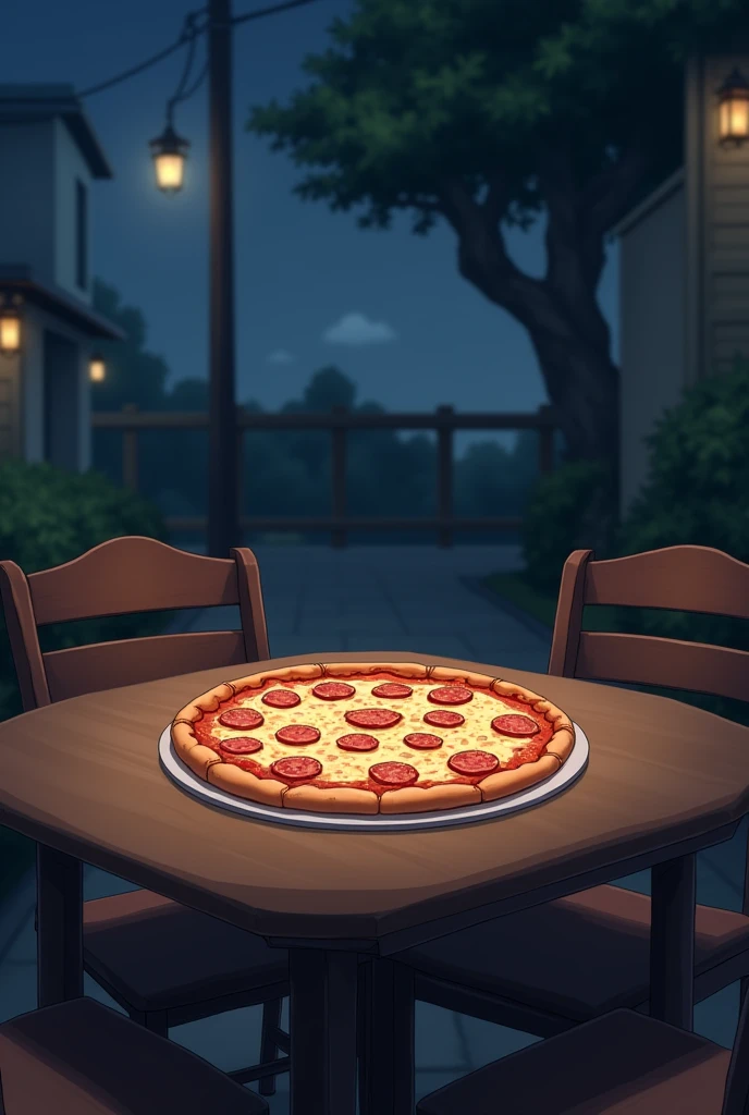 only one table, chairs a cheese and ham pizza on the table, with no one sitting, in anime style setting this night