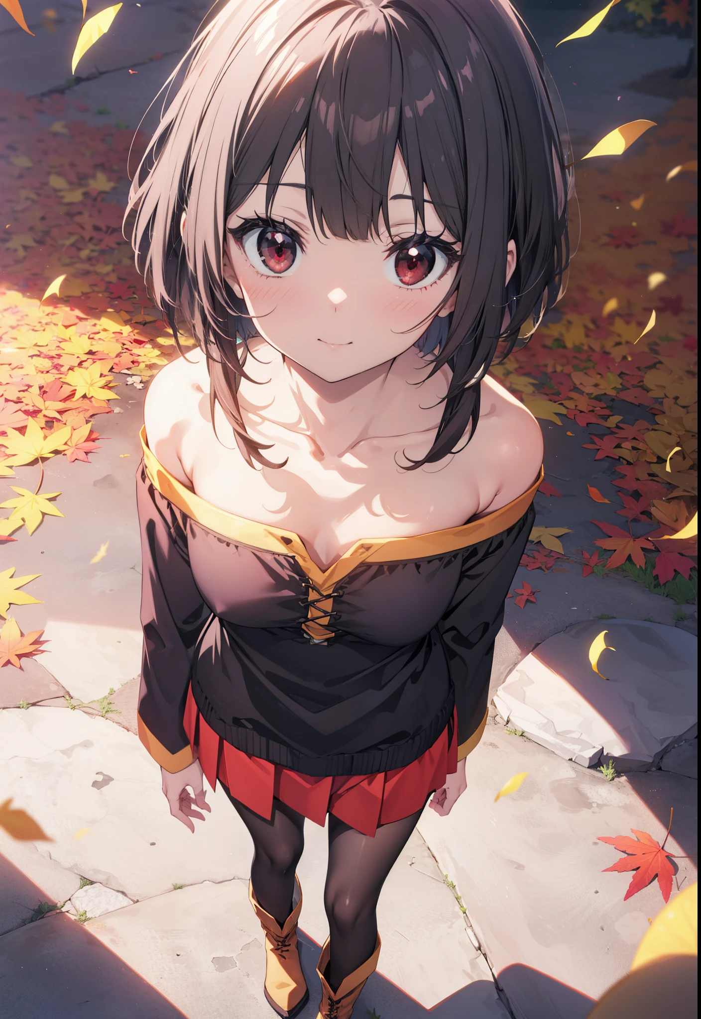 konosubaMegumin, Megumin, short hair, Black Hair, (Red eyes:1.3), short hair with long locks,smile,One-shoulder sweater,mini skirt,Black pantyhose,short boots,autumn leaves,autumn leavesが積もっている,autumn leavesが散っている,Walking,Daytime,Clear skies,whole bodyがイラストに入るように,
break outdoor, forest,
break looking at viewer,whole body, 
break (masterpiece:1.2), Highest quality, High resolution, unity 8k wallpaper, (figure:0.8), (Beautiful attention to detail:1.6), Highly detailed face, Perfect lighting, Highly detailed CG, (Perfect hands, Perfect Anatomy),