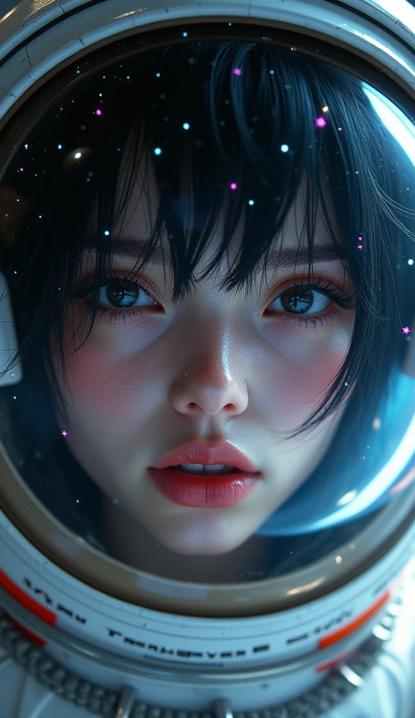 (Face close-up:1.5)0.9]、(Space and astronauts:1.2) (Messy black hair:1.1) (Heterochromia and black eyes:1.2) (Space Helmet:1.0) (Colored stars in the eyes:1.0) (Shining Sparkle:1.1) (Thick lips:0.9)、Stars reflected in the helmet々