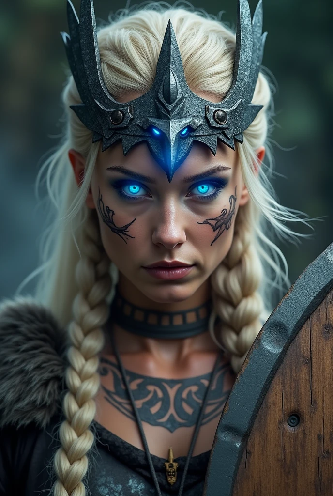 Close up face beautiful viking woman, wooden shield in hand , strong blue light in the eyes, beautiful eagle crown , viking face tattoo, Angry, bone necklace around the neck, battle armor, ready for war, braids in hair, blonde