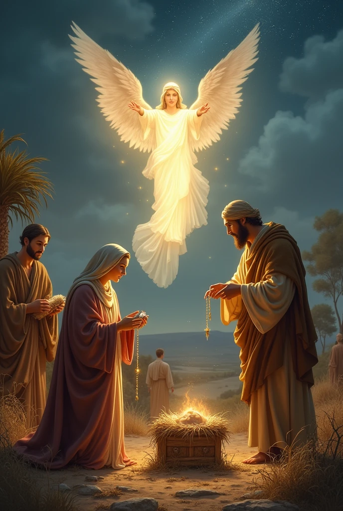 (photorealism:1.2), 1. The Annunciation: An angel, Gabriel, appears to Mary, a young woman dressed in simple garments, in her home, announcing that she will conceive a son by the Holy Spirit. Mary looks surprised yet serene, with light surrounding the angel.
2. The Journey to Bethlehem: Mary, visibly pregnant, and Joseph, her husband, are traveling on a donkey. They are making their way through a dusty road towards Bethlehem, with a starry night sky overhead.
3. The Nativity: In a rustic stable filled with straw, Mary has just given birth to Jesus. She cradles him in her arms, and Joseph stands by her side. The baby is then placed in a wooden manger, with soft light illuminating the scene.
4. The Announcement to the Shepherds: Shepherds in a field at night are startled as an angel appears before them, delivering the good news of Jesus' birth. The angel is surrounded by a host of other angels, all glowing with heavenly light.
5. The Visit of the Shepherds: The shepherds arrive at the stable, kneeling in adoration before the baby Jesus, who lies in the manger. Mary and Joseph are present, and the scene is peaceful, with the shepherds offering simple gifts.
These illustrations should be rich in detail, with warm tones and a sense of reverence, capturing the sacredness of this important event in Christian tradition."