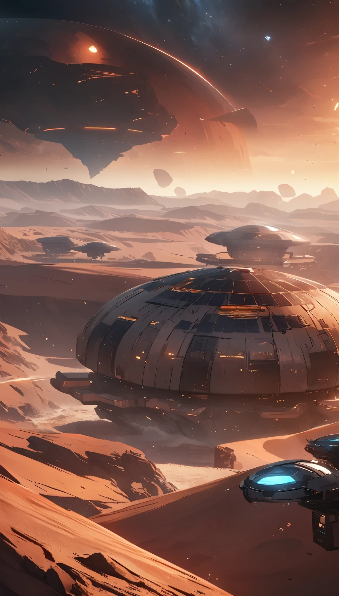 a vast, desolate landscape of the surface of Mars, futuristic colonization, advanced technology, domed habitats, solar panels, robotic machinery, terraforming equipment, explorers in pressurized spacesuits, stunning vistas of the red planet, breathtaking alien scenery, epic sci-fi atmosphere, cinematic lighting, hyper-realistic details, muted color palette, dramatic shadows and highlights, masterpiece, best quality, 8k, HDR, photorealistic