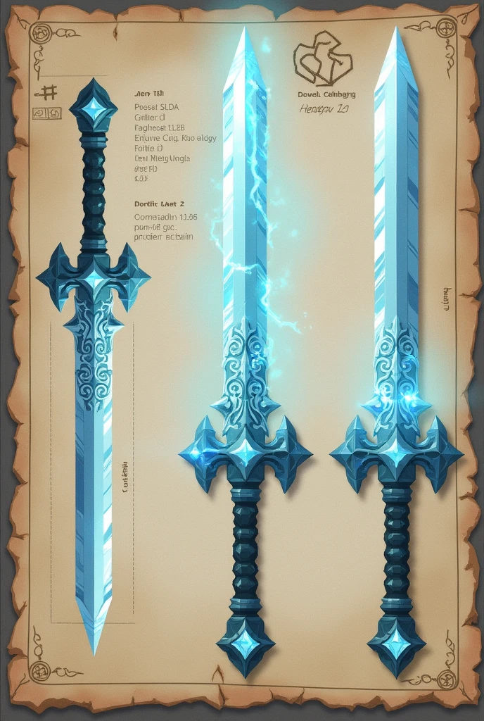 Create a sword for Minecraft a sword on a paper as a drawing as a floor plan of a project to do in several perspectives, should look like a rare icy ice blade
