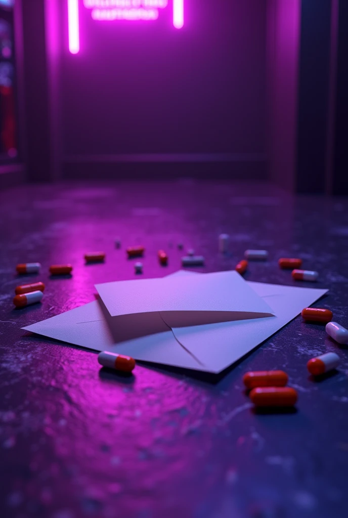 White letter envelope lying next to orange and white pills, both lying on the floor of a nightclub with psychedelic purple neon lights