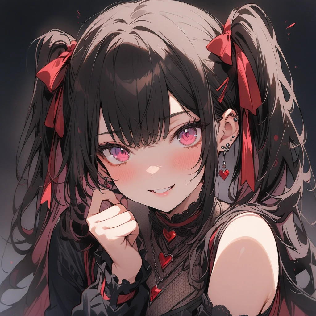 (masterpiece, Highest quality:1.2), Obscene illustrations。She is a mysterious and attractive woman.....。With soft eyeliner。Her skin is tanned、She has black hair。There are light pink streaks in her hair。Her hair is in curled twin tails on both sides....。Pale pink eyes。