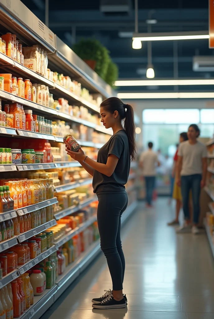 Create a realistic image of a person in a supermarket, taking a product from a shelf. The person should look natural and the shelf should be well stocked with a variety of products.. The environment should reflect a typical food market with adequate lighting.. The person must be looking at the product.