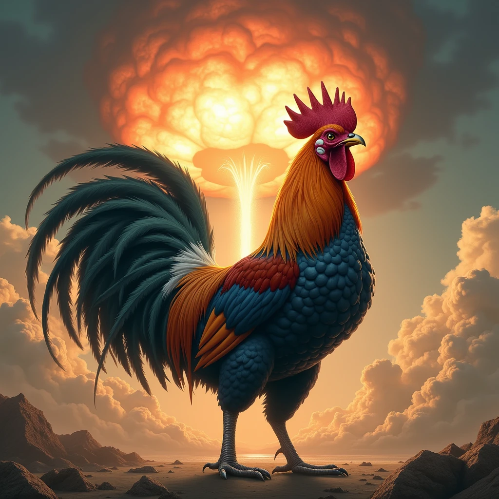 A giant and extremely muscular rooster, with bright and detailed feathers, stands imposing. The sky is darkened by clouds of dust and ash as a huge atomic bomb descends from above. The chicken, with a defiant and powerful expression, prepares to receive the impact. The impending explosion lights up the surroundings with a blinding flash., reflecting the strength and tension of the moment
