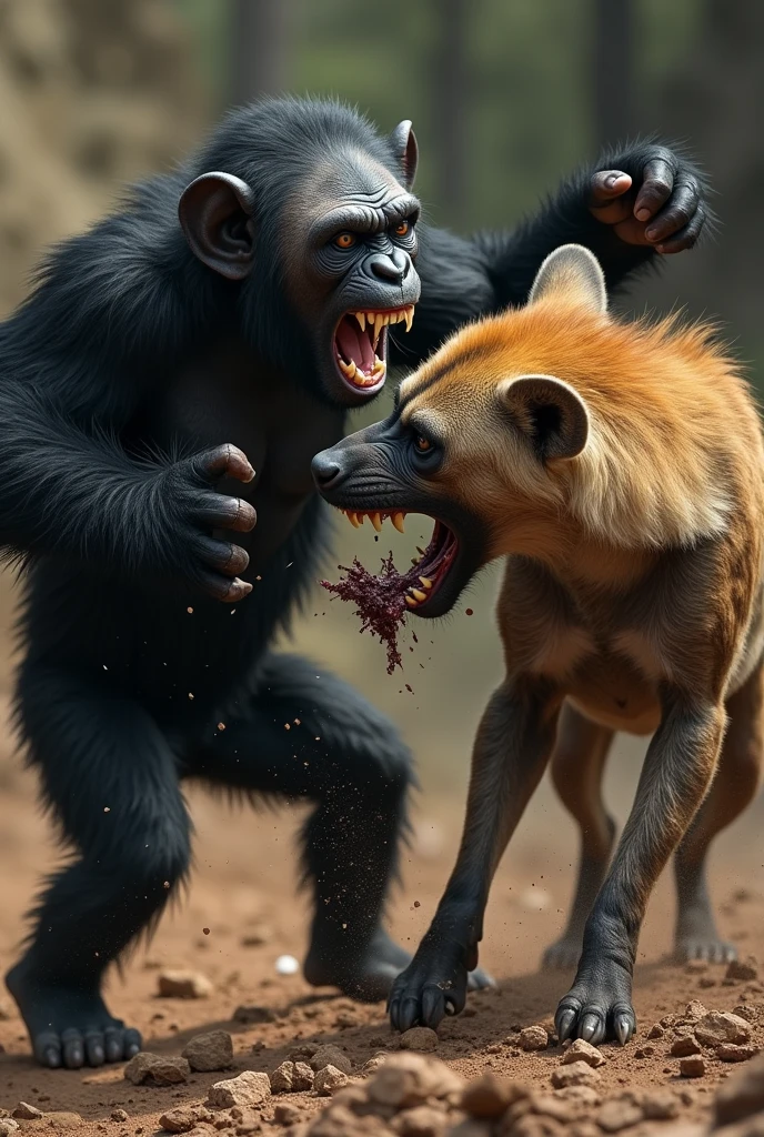 chimpanzee violently attacking quadruped brown hyena