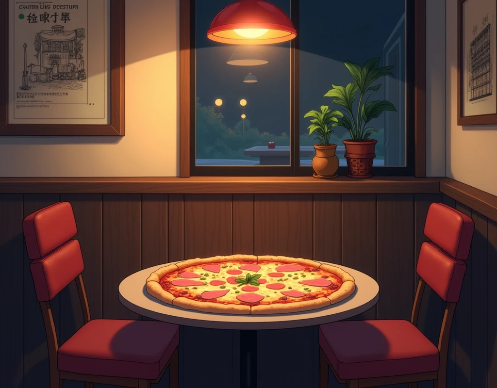 only one table, chairs a cheese and ham pizza on the table, with no one sitting, in anime style, the setting is at night inside a pizzeria