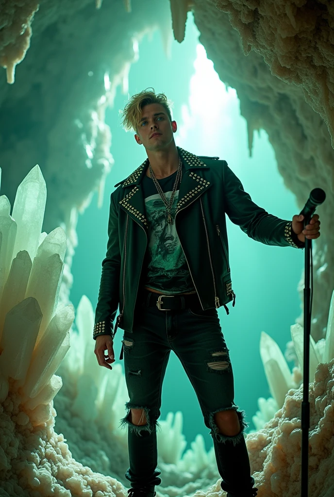 Description: The scene captures a moment of awe and wonder, featuring a blonde male model with striking blue eyes that enhance his undeniable charm. His athletic and toned physique is highlighted by his rockstar-inspired outfit: a black leather jacket with intricate silver studs, a fitted graphic t-shirt featuring a bold band logo, distressed black jeans, and heavy black boots. His look is completed with a few accessories—a silver chain necklace and a leather wristband—adding an edgy flair that contrasts with the ethereal surroundings. Situation: In this mesmerizing and illuminated scene, the model stands confidently inside a breathtaking crystal cave with a captivating greenish glow. The cavern's interior is adorned with stunning, luminous crystals that reflect and refract light, creating a kaleidoscope of colors, with an intriguing greenish hue adding depth and mystique to the space. The model’s defined muscles and rockstar outfit stand out against the sparkling backdrop of shimmering crystal formations and the verdant glow. His stance is relaxed yet curious, with one hand resting lightly on a crystal formation and the other casually holding a microphone stand, suggesting he's ready to perform. His gaze is directed towards the dazzling array of crystals and the verdant illumination, his expression a blend of awe and tranquility as he takes in the surreal beauty of the cave. The gentle, diffused light from the crystals and the greenish glow creates a warm, captivating atmosphere, highlighting the model’s features and the intricate details of the cave. The natural yet extraordinary setting, combined with the model’s striking appearance and rockstar vibe, creates a harmonious and enchanting atmosphere, capturing the essence of a mystical and adventurous escape. Keywords: summer, crystal cave, greenish glow, rockstar, leather jacket, model, nature, luminous, ethereal, scenic, indoors, adventure, natural beauty, stylish, toned, captivating.