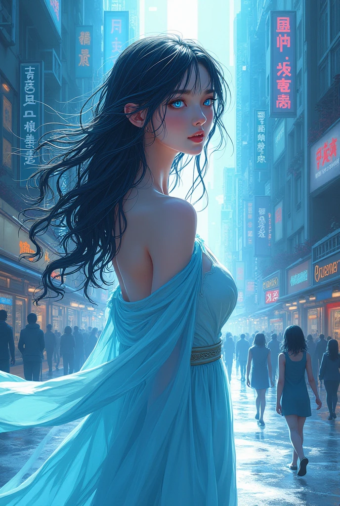 Haeun - (), A Manga scene capturing Haeun, with her luminescent blue eyes, in an urban landscape, inspired by the dynamic style of CLAMP. The visual narrative of Manga highlights her unique fusion of modernity and spirituality, while expressive lines emphasize her transcendental beauty.