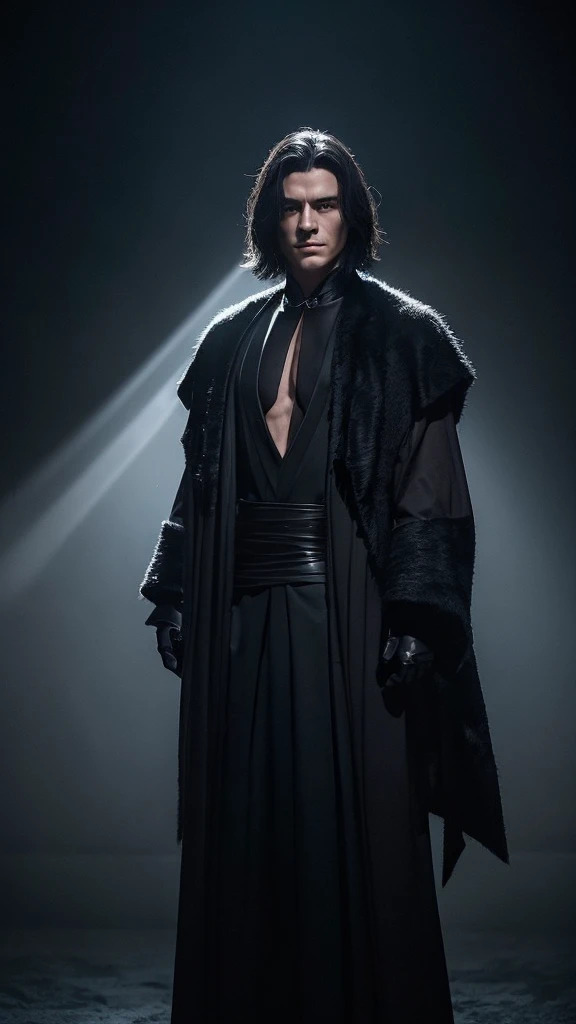 A mysterious looking young man, with a calm and confident expression. Her hair is short and black, almost merging with the shadows around it. His eyes are a deep purple, glowing slightly, as if they contained hidden secrets. He wears a dark, elegant robe, that blends into the darkness, adorned with silver details that reflect the light. His hands are surrounded by a dark aura, and he seems to be always surrounded by a light mist of shadows, as if they followed him and responded to his commands. Her physique is slim, but muscular, suggesting agility and hidden strength.When you use your power, the shadows around move as if they had a life of their own, forming sharp blades or protective shields, depending on your will. He is the embodiment of dark elegance, a shadow master who moves silently, almost like a ghost, between light and darkness.