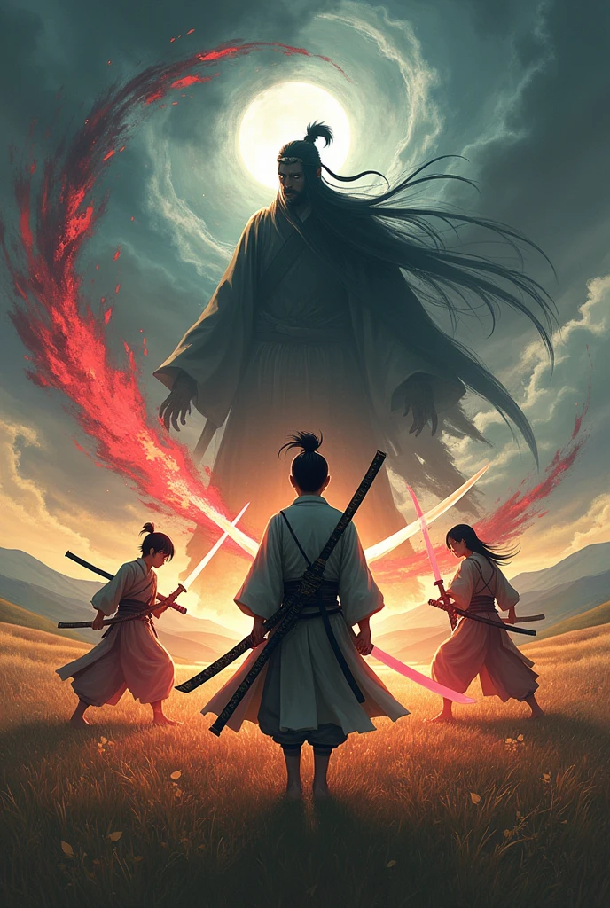 A final manga fight scene between a young man in samurai attire with black hair who carries a katana that has a red aura, his old master who carries a katana with a white aura and his best friend who carries a katana with a yellow aura against a villain who has the power to summon shadows
