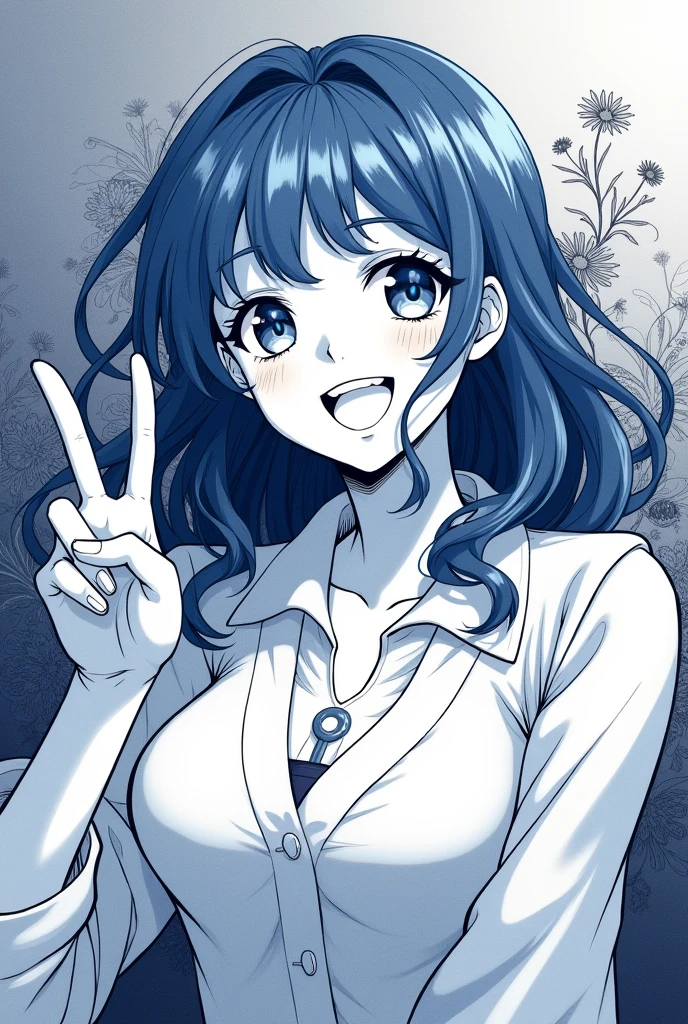 Monochrome manga art style, spirited Japanese 1 woman, lustrous blue hair cascading just below her shoulders, glowing with vitality, bright smile illuminating her animated face, cheerful expression captured in delicate ink lines, her right hand elegantly raised, forming a peace sign, gesture embodying joy and tranquility, dynamic pose filled with youthful exuberance, richly detailed large expressive eyes shimmering with life, delicate contours accentuating her gentle features and playful demeanor, soft shadows enhancing depth and creating a harmonious balance, character set against a gradient of deep soft grays, intricate backgrounds of abstract floral patterns finely integrated into the composition, capturing the essence of the moment, the atmosphere exuding positivity and youthful freshness, stylistic composition adhering to traditional manga aesthetics with intricate hatching and cross-hatching techniques, showcasing elegance and finesse, conveying lively emotions through exaggerated expressions. High-contrast delicately inked lines, emphasis on expressive details, capturing the spontaneity of the moment, expressive monochrome palette allowing for rich emotional depth, emphasizing the character's warm and cheerful spirit