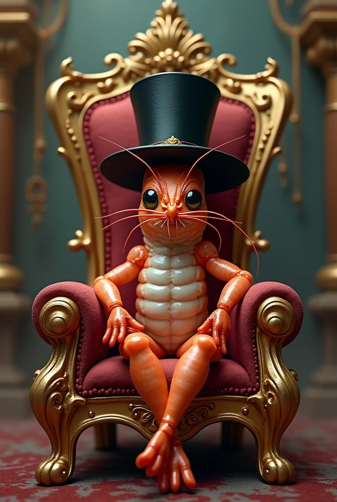 A shrimp sitting on a throne with a black hat