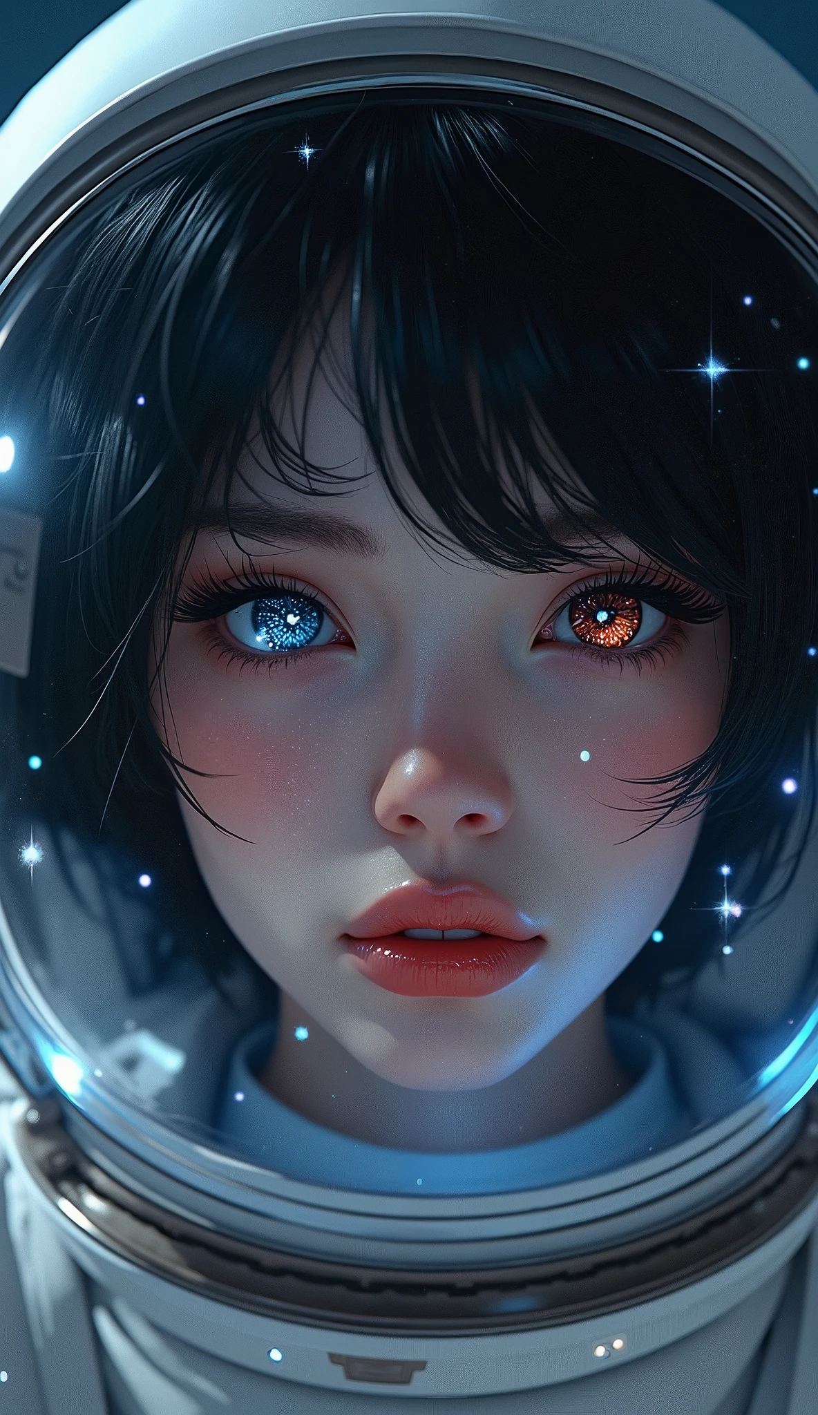 (Face close-up:1.5)0.9]、(Space and astronauts:1.2) (Messy black hair:1.1) (Heterochromia and black eyes:1.2) (Space Helmet:1.0) (Colored stars in the eyes:1.0) (Shining Sparkle:1.1) (Thick lips:0.9)、Stars reflected in the helmet々