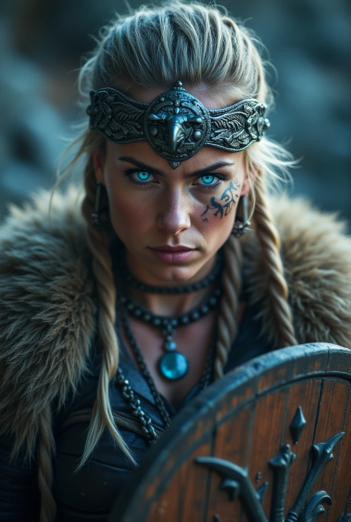 Close up face beautiful viking woman, wooden shield in hand , strong blue light in the eyes, beautiful eagle crown , viking face tattoo, Angry, bone necklace around the neck, battle armor, ready for war, braids in hair, blonde