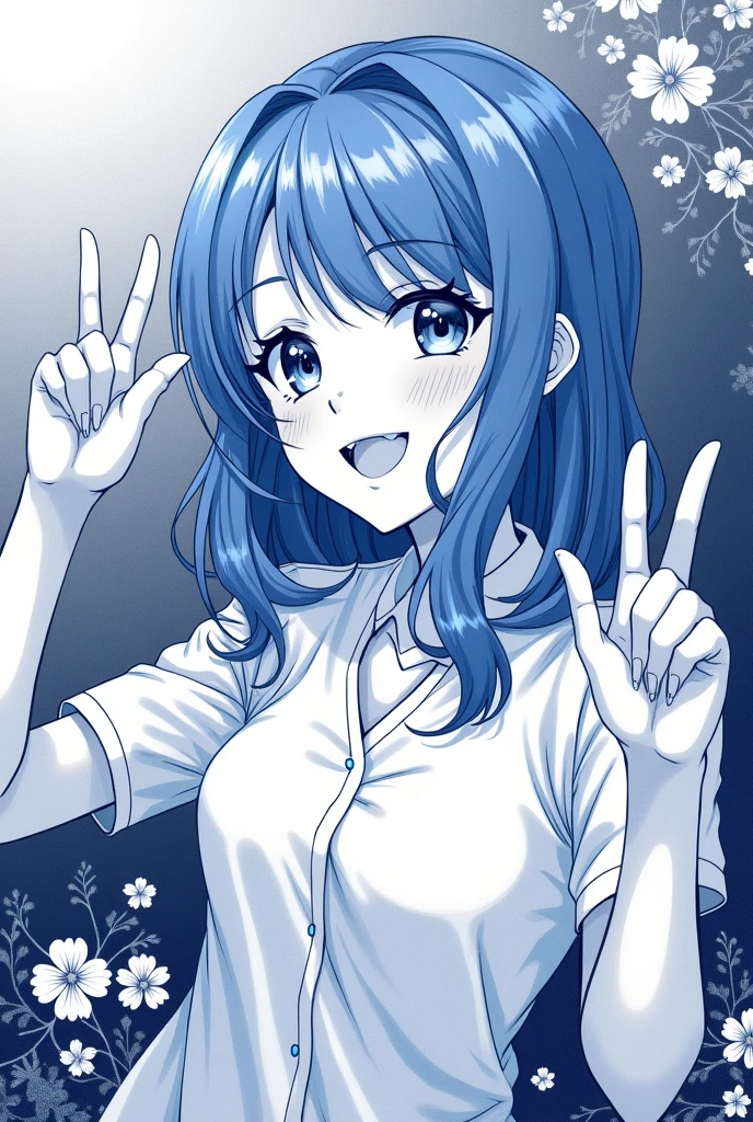 Monochrome manga art style, spirited Japanese 1 woman, lustrous blue hair cascading just below her shoulders, glowing with vitality, bright smile illuminating her animated face, cheerful expression captured in delicate ink lines, her right hand elegantly raised, forming a peace sign, gesture embodying joy and tranquility, dynamic pose filled with youthful exuberance, richly detailed large expressive eyes shimmering with life, delicate contours accentuating her gentle features and playful demeanor, soft shadows enhancing  depth and creating a harmonious balance, character set against a gradient of deep soft grays, intricate backgrounds of abstract floral patterns finely integrated into the composition, capturing the essence of the moment, the atmosphere exuding positivity and youthful freshness, stylistic composition adhering to traditional manga aesthetics with intricate hatching and cross-hatching techniques, showcasing elegance and finesse, conveying lively emotions through exaggerated expressions. High-contrast delicately inked lines, emphasis on expressive  details, capturing the spontaneity of the moment, expressive monochrome palette allowing for rich emotional depth, emphasizing the character's warm and cheerful spirit