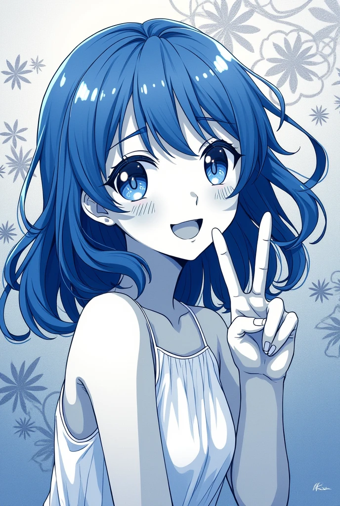 Monochrome manga art style, spirited Japanese 1 woman, lustrous blue hair cascading just below her shoulders, glowing with vitality, bright smile illuminating her animated face, cheerful expression captured in delicate ink lines, her right hand elegantly raised, forming a peace sign, gesture embodying joy and tranquility, dynamic pose filled with youthful exuberance, richly detailed large expressive eyes shimmering with life, delicate contours accentuating her gentle features and playful demeanor, soft shadows enhancing  depth and creating a harmonious balance, character set against a gradient of deep soft grays, intricate backgrounds of abstract floral patterns finely integrated into the composition, capturing the essence of the moment, the atmosphere exuding positivity and youthful freshness, stylistic composition adhering to traditional manga aesthetics with intricate hatching and cross-hatching techniques, showcasing elegance and finesse, conveying lively emotions through exaggerated expressions. High-contrast delicately inked lines, emphasis on expressive  details, capturing the spontaneity of the moment, expressive monochrome palette allowing for rich emotional depth, emphasizing the character's warm and cheerful spirit