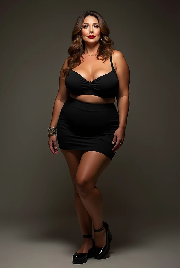 Full body photo of sexy 4 MILF,black mini skirt,high platform heels,seductive pose,huge breasts , look directly at the camera, that her underwear is slightly visible