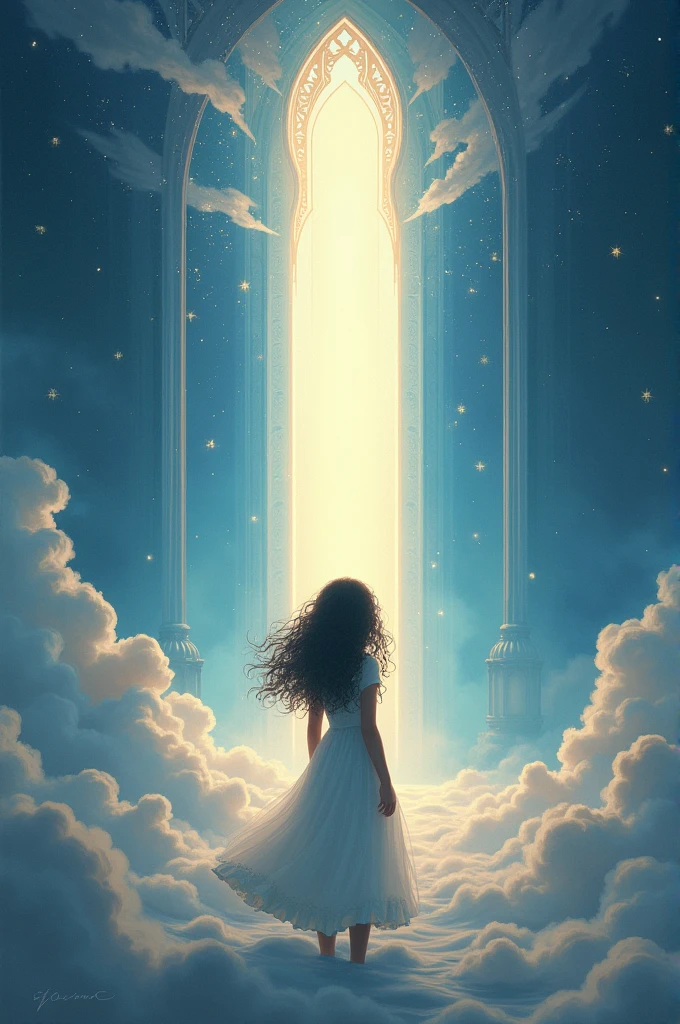 Create an album cover of a curly black-haired girl showing the entrance to heaven