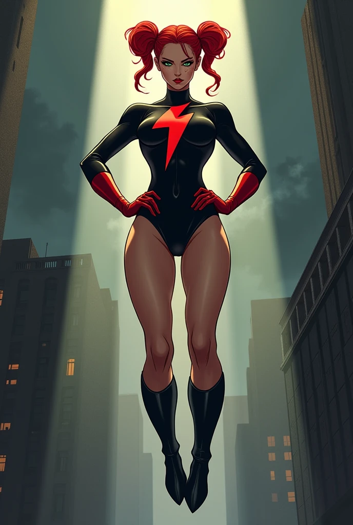 Night is a supervillain with bright red hair in puffy pigtails, green eyes, long lashes, freckles, and a strong jaw, she wears a black leotard with long sleeves and a red lightning bolt on her chest, long black boots and long red gloves, and a black domino mask, bare legs. She has a muscular but feminine physique exuding great strength as well as beauty. show her hovering upright in mid air with her feet off the ground and her hands on her hips in a confident pose, straight back chest puffed, looking down at the camera with a serious expression, with a full body view. Her hands are on her hips, her hips and thighs are bare. The background is a city scape, she descends feet first from the air. the lighting is volumetric with a beam of sunlight illuminating her. use a dramatic digital art style with intense lighting