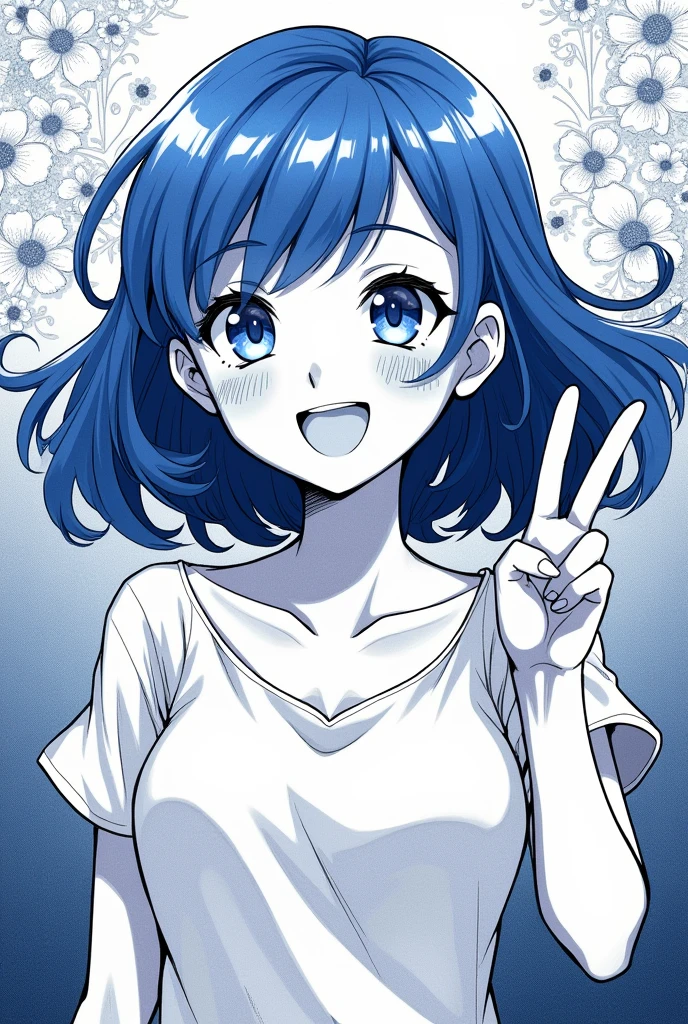 Monochrome manga art style, spirited Japanese 1 woman, lustrous blue hair cascading just below her shoulders, glowing with vitality, bright smile illuminating her animated face, cheerful expression captured in delicate ink lines, her right hand elegantly raised, forming a peace sign, gesture embodying joy and tranquility, dynamic pose filled with youthful exuberance, richly detailed large expressive eyes shimmering with life, delicate contours accentuating her gentle features and playful demeanor, soft shadows enhancing depth and creating a harmonious balance, character set against a gradient of deep soft grays, intricate backgrounds of abstract floral patterns finely integrated into the composition, capturing the essence of the moment, the atmosphere exuding positivity and youthful freshness, stylistic composition adhering to traditional manga aesthetics with intricate hatching and cross-hatching techniques, showcasing elegance and finesse, conveying lively emotions through exaggerated expressions. High-contrast delicately inked lines, emphasis on expressive details, capturing the spontaneity of the moment, expressive monochrome palette allowing for rich emotional depth, emphasizing the character's warm and cheerful spirit