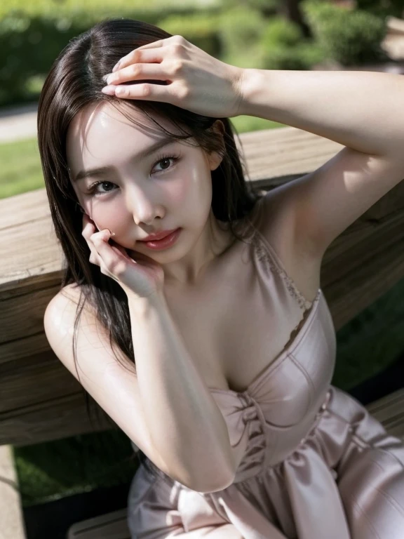 a close up of a woman sitting on a bench with her hands on her head, gorgeous young korean woman, Im Nayeon, beautiful south korean woman, asian girl with long hair, korean girl, Im Nayeon, beautiful young korean woman, korean women's fashion model, beautiful asian girl, Im Nayeon, korean woman, young asian girl, asian girl, wavy long black hair, Im Nayeon 