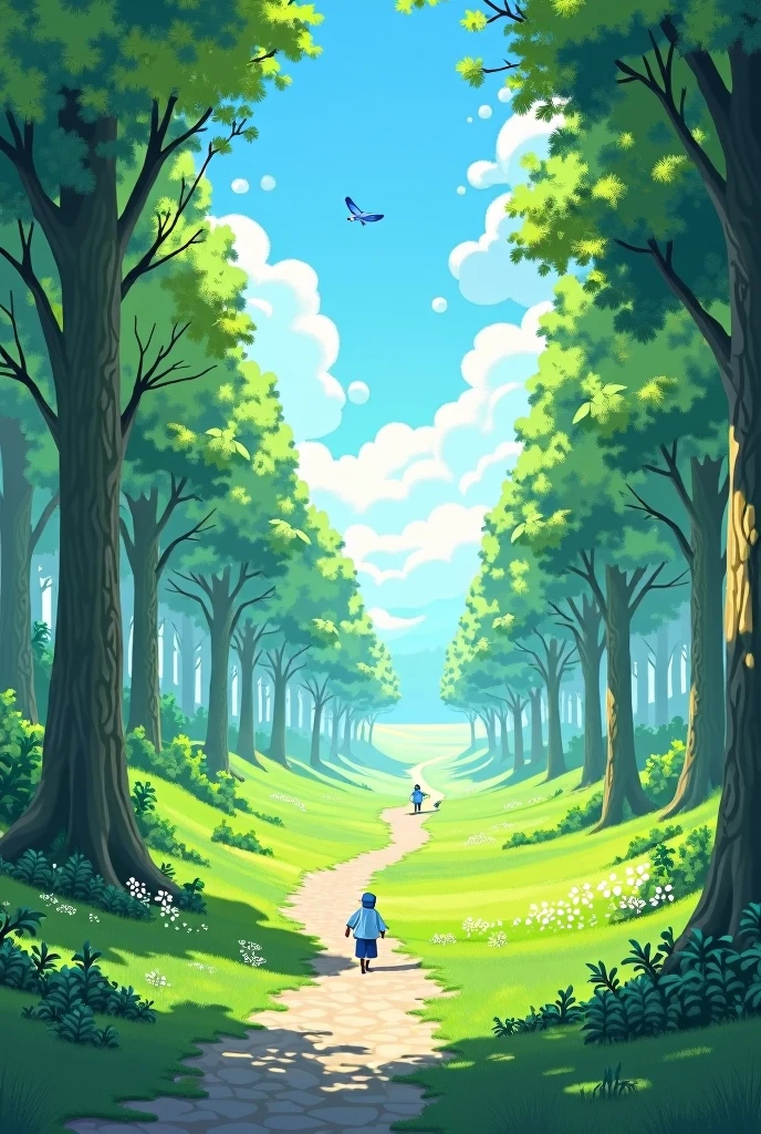 Tree-lined paths,The background color of the poster is mainly bright sky blue,The characters in the whole picture are only a little bit temporary