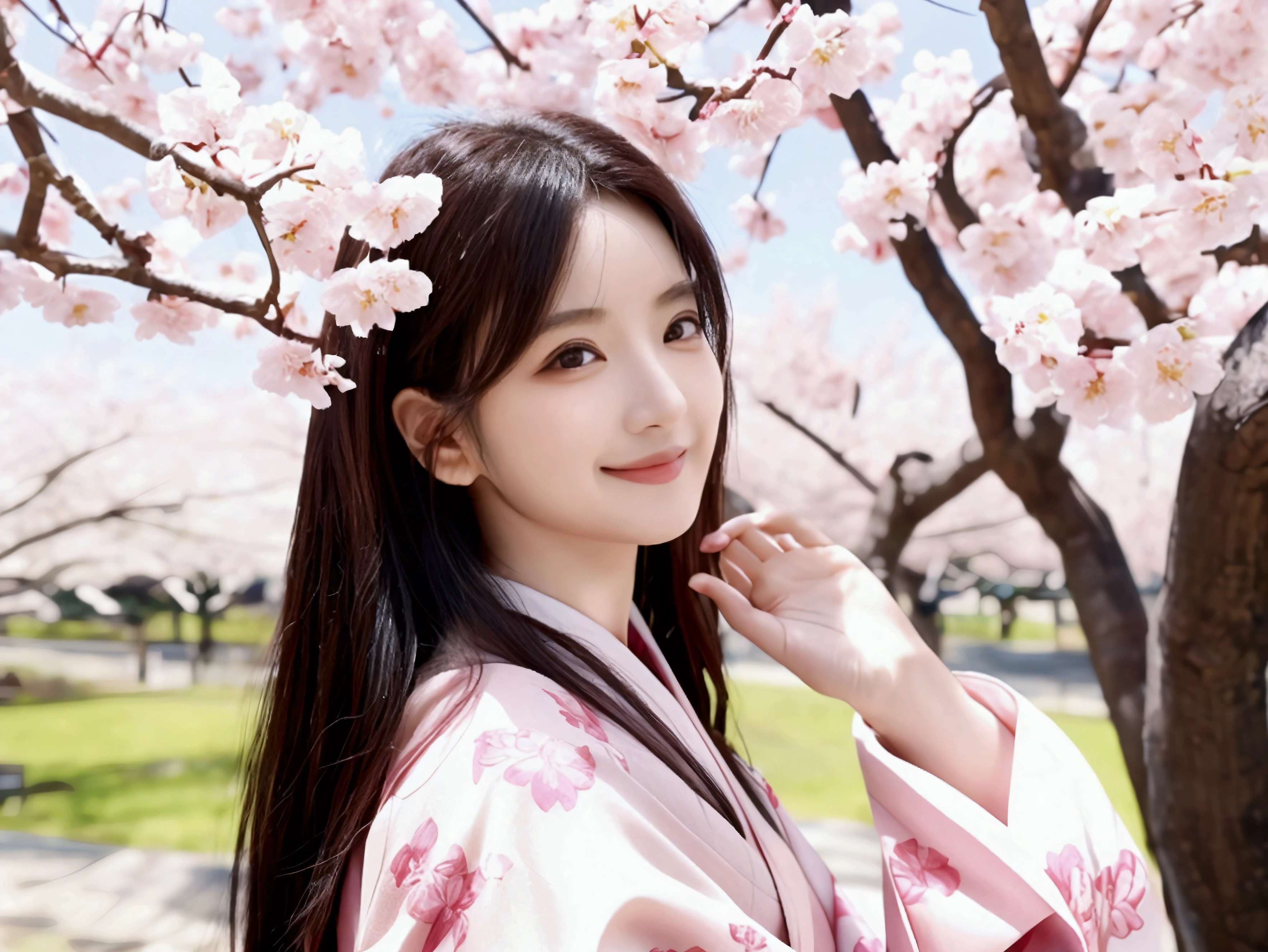 Pale pink undertones、Warm smile、Highest quality、8k、Ultra-high resolution、Under a cherry tree in full bloom、Realistic photo style、Healthy body shape、Sparkling Eyes、Flowing jet black hair、A gorgeous kimono with a cherry blossom motif、Calm expression、Soft natural light、Contemporary Japanese art style、Pale colors、Quiet atmosphere、Detailed Features、Graceful pose、Scenery surrounded by cherry blossoms