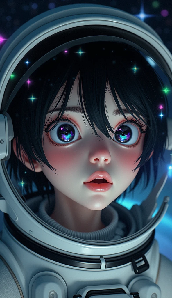 (Face close-up:1.5)0.9]、(Space and astronauts:1.2) (Messy black hair:1.1) (Heterochromia and black eyes:1.2) (Space Helmet:1.0) (Colored stars in the eyes:1.0) (Shining Sparkle:1.1) (Thick lips:0.9)、Stars reflected in the helmet々、surprise