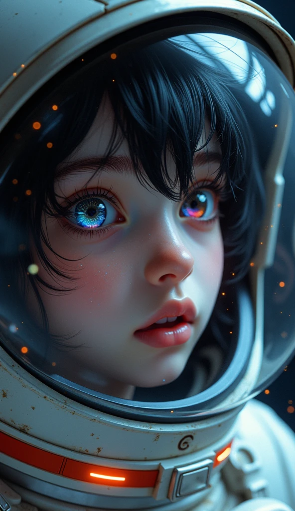 (Face close-up:1.5)0.9]、(Space and astronauts:1.2) (Messy black hair:1.1) (Heterochromia and black eyes:1.2) (Space Helmet:1.0) (Colored stars in the eyes:1.0) (Shining Sparkle:1.1) (Thick lips:0.9)、Stars reflected in the helmet々、surprise