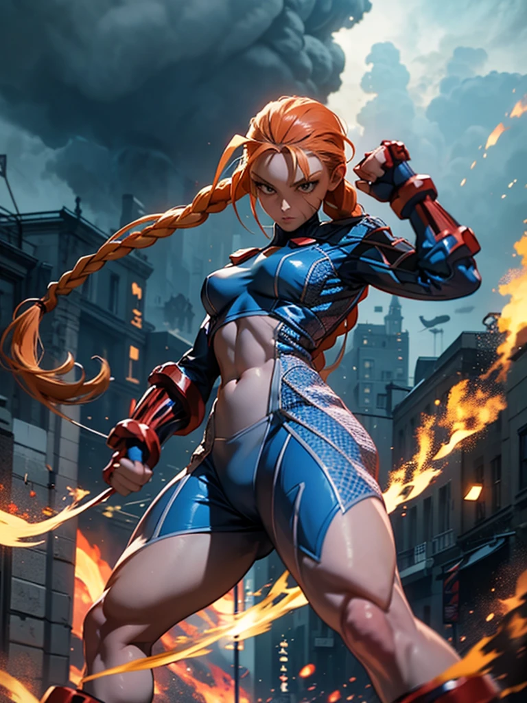 "A 4K render of a fierce female game character, mid-20s, with a powerful and athletic build. She has fiery red hair styled in a long, braided ponytail that cascades down her back. Her eyes are a striking amber, glowing with intensity and determination. She wears a high-tech armored suit that is both sleek and functional, with dark metallic tones accented by glowing blue lines of energy running through the suit. Her expression is focused and unyielding, as she stands in a futuristic battlefield, with towering structures and a stormy sky in the background. Her pose is dynamic, ready for combat, with one hand gripping a futuristic energy blade and the other clenched in a fist, radiating raw power."