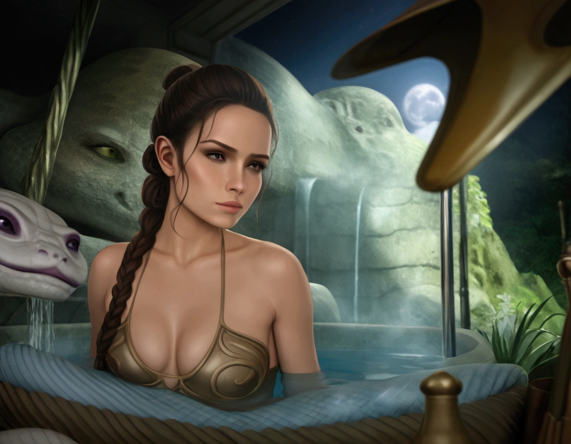 araffes in a pool with a snake in the background, sexy movie photo, emma watson in star wars, emma watson as princess leia, daisy ridley, rey, fantasy photoshoot, anaconda, still from a fantasy movie, hot reptile humanoid woman, taylor swift as princess leia, lara croft relaxing, photo of emma watson in swimsuit, 4k'