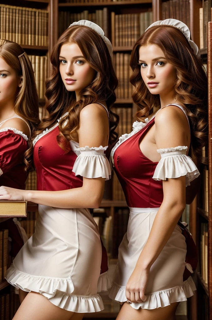 ((4 sexy maids girl in fancy big library - brunette, red head, blond)), best quality, masterpiece, (photorealistic:1.4), ((ROW Photo)),