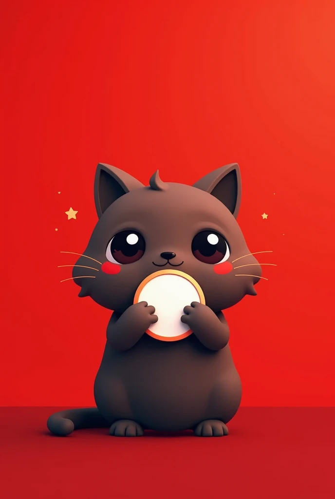 coin logo , tone network , dark brown cat , red background , oggy inu , cat inu , cute, clean, holding a white blank coin, TRX logo