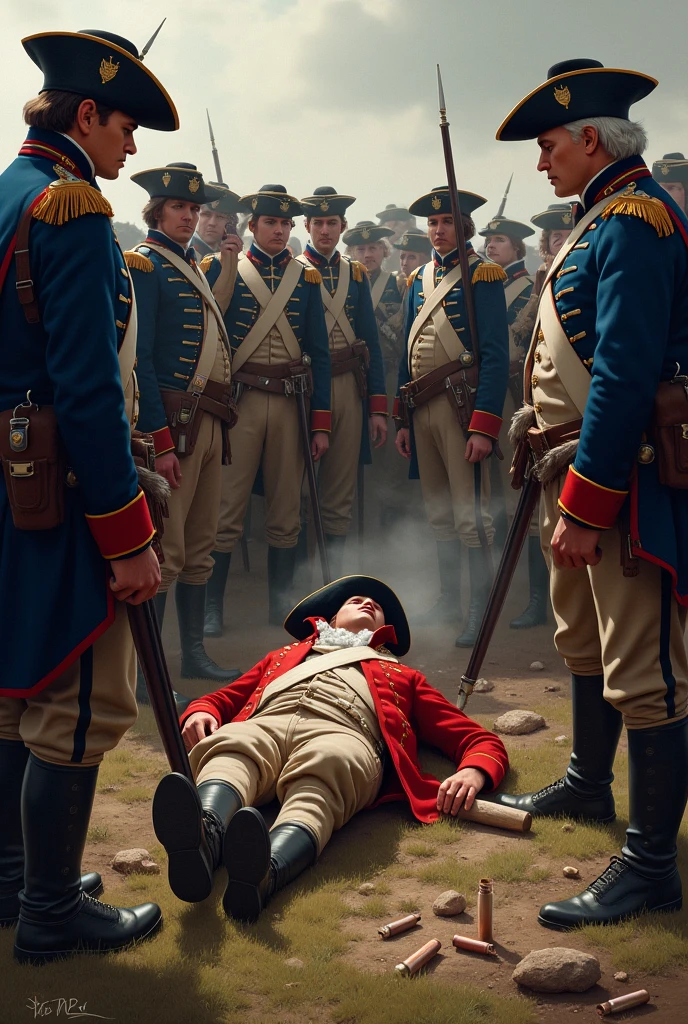 A fallen British soldier in a red uniform surrounded by American soldiers in blue uniforms from the American Revolutionary War