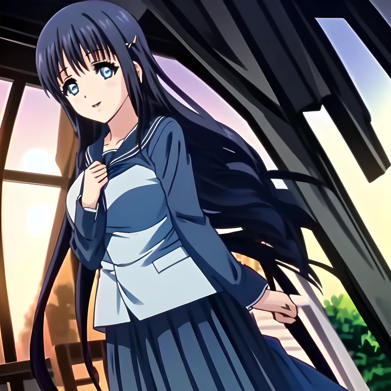 (highest quality, masterpiece: 1.8), (A very intelligent heroine, Very detailed intelligent yo heroine portrait of game CG, Beautifully and artistically painted as cover of girl's magazine: 1.6), (The girl is turning around quickly and looking at me with adult smile as if she is a too beautiful goddess: 1.6), (Girl whom everyone loves because of her beauty and lovely fashion and intelligence and noble manner. A refined and elegant look like a beautiful secretary : 1.4), (In fact she is a very intelligent succubus, trying to charm, enslave and absorb me with deeply thought out intelligent strategy!: 1.0), (Very beautiful, wavy, cutely shining super-super-long blue hair, with elegant hair ribbons: 1.4), (Laughing very beautiful and intelligent sapphire-blue intelligent eyes with very long eyelashes which charms and enslave me inevitably, with detailed very well: 2.0), (The elegant, slightly open mouth and glossy wet lips of an anime heroine: 1.0), (Gothic, noble, fully dark navy blue, neat sailor-styled gothic blue school uniform, fully dark navy blue blouse, and widely spread neat elegant dark dark-navy-blue pleated skirt, with a red ribbon on the chest: 1.6), (In the space with full of very good smell of female pheromones)