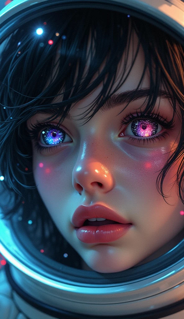 (Face close-up:1.5)0.9]、(Space and astronauts:1.2) (Messy black hair:1.1) (Heterochromia and black eyes:1.2) (Space Helmet:1.0) (Colored stars in the eyes:1.0) (Shining Sparkle:1.1) (Thick lips:0.9)、Stars reflected in the helmet々、Laughs and Tears