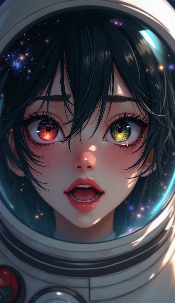(Face close-up:1.5)0.9]、(Space and astronauts:1.2) (Messy black hair:1.1) (Heterochromia and black eyes:1.2) (Space Helmet:1.0) (Colored stars in the eyes:1.0) (Shining Sparkle:1.1) (Thick lips:0.9)、Stars reflected in the helmet々、Laughs and Tears