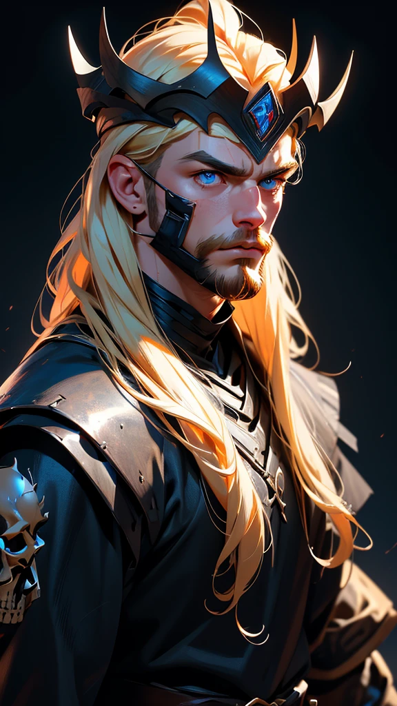 envision a 8k, highres, cinematic close up portrait of a strong face fierce warrior posing for battle with a muscular body, big beard with sleek long flowing blonde hair, and blue eyes shirtless wearing and a skull crown face mask effects against a dark gray background