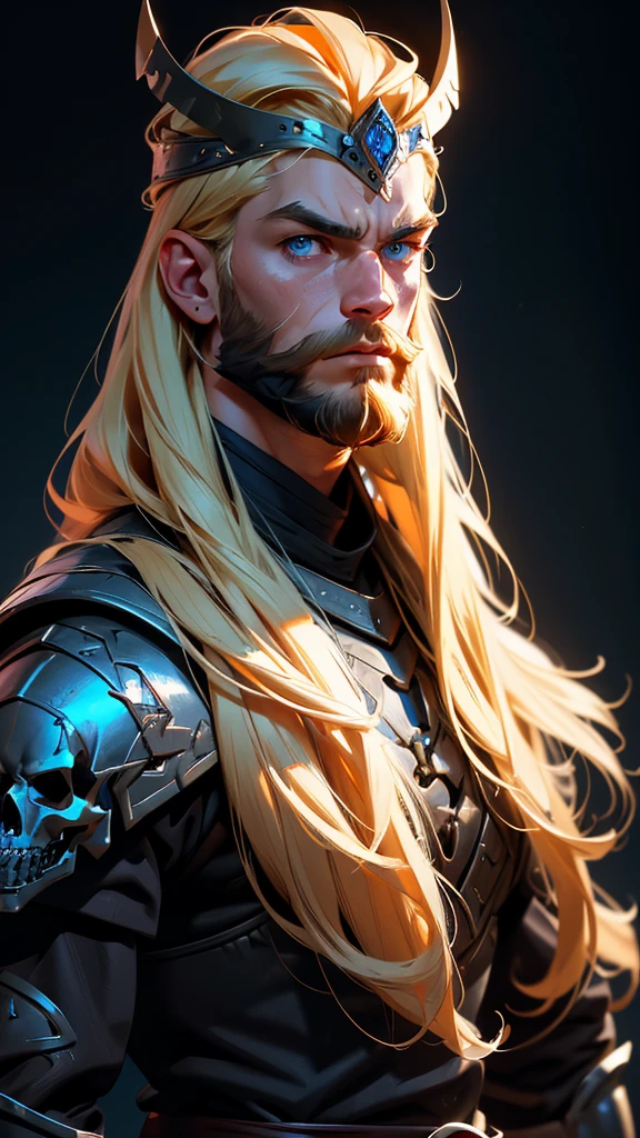 envision a 8k, highres, cinematic close up portrait of a strong face fierce warrior posing for battle with a muscular body, big beard with sleek long flowing blonde hair, and blue eyes shirtless wearing and a skull crown face mask effects against a dark gray background