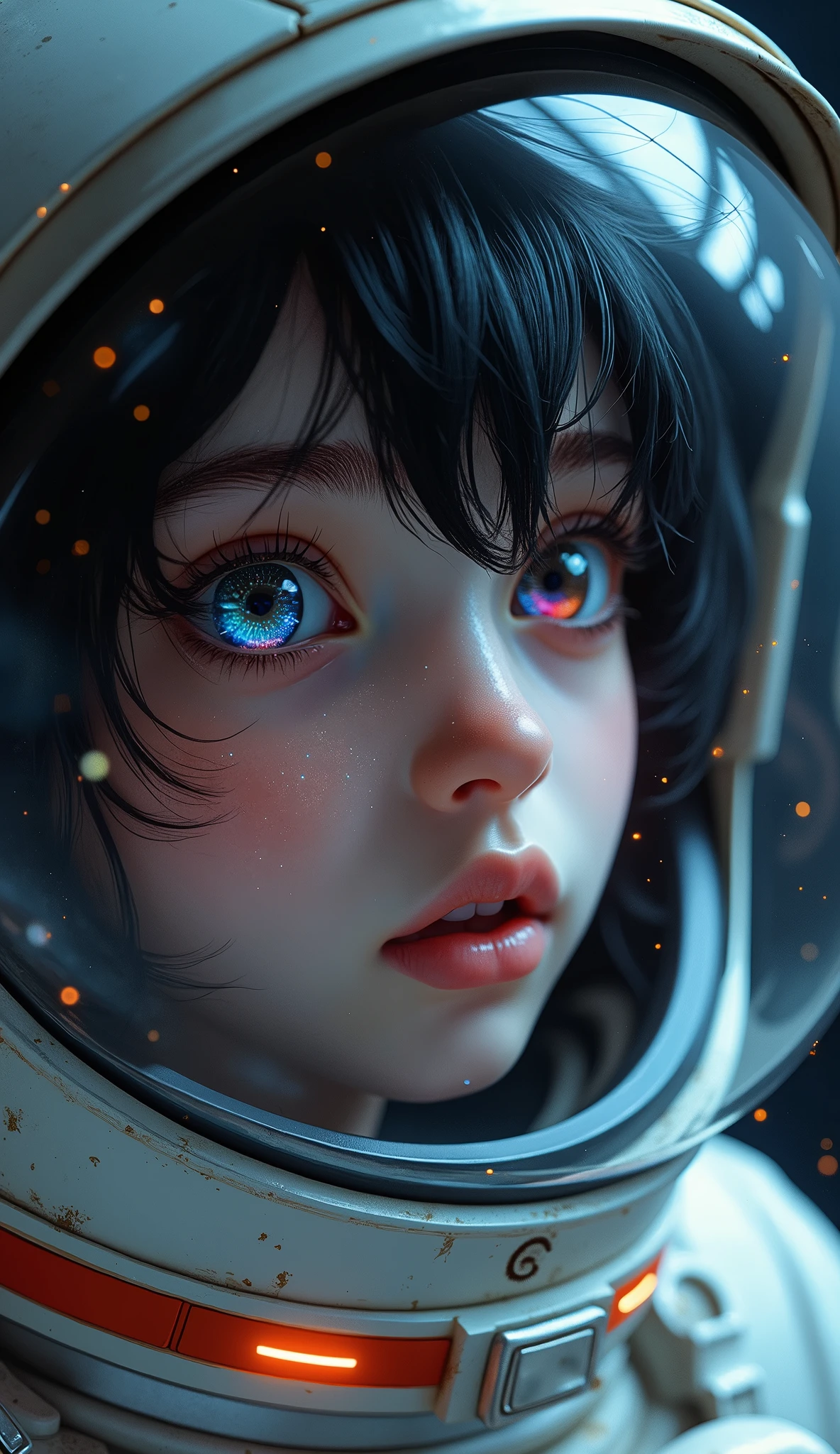 (Face close-up:1.5)0.9]、(Space and astronauts:1.2) (Messy black hair:1.1) (Heterochromia and black eyes:1.2) (Space Helmet:1.0) (Colored stars in the eyes:1.0) (Shining Sparkle:1.1) (Thick lips:0.9)、Stars reflected in the helmet々、surprise