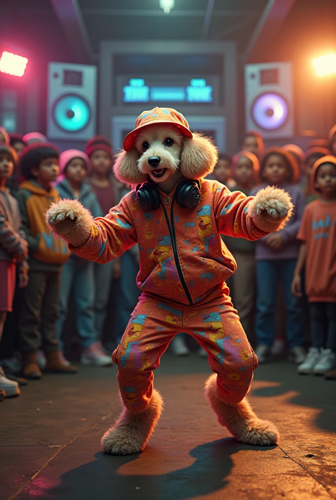 hyper-realistic photo of a Poodle wearing Life DJs clothing and bucket hat breakdancing in front of a crowd of kids in a circle with a stereo in the corner