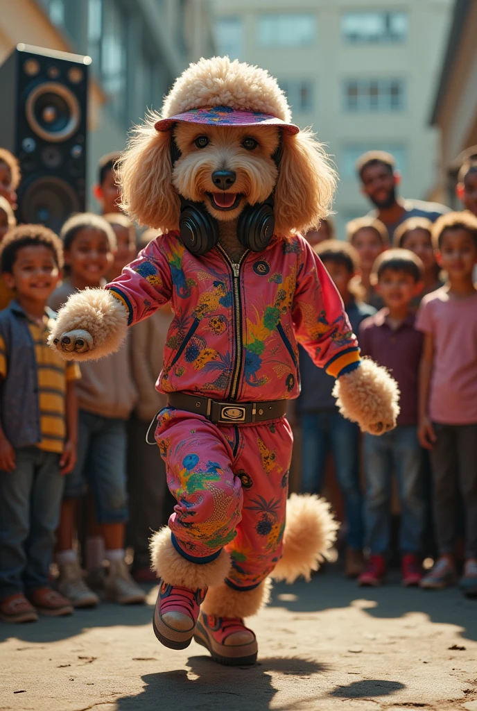 hyper-realistic photo of a Poodle wearing Life DJs clothing and bucket hat breakdancing in front of a crowd of kids in a circle with a stereo in the corner
