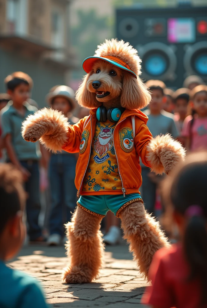 hyper-realistic photo of a Poodle wearing Life DJs clothing and bucket hat breakdancing in front of a crowd of kids in a circle with a stereo in the corner